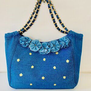 Garell Blue Denim Handbag Hand Embellished with Floral Details Gold Chain Handle